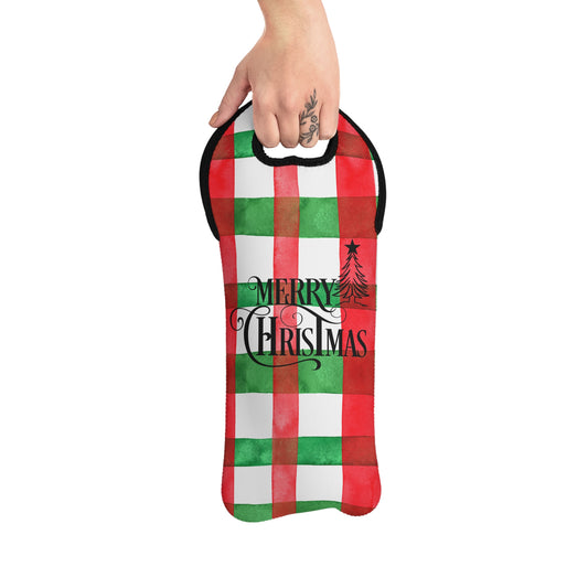 Wine Tote Bag, Hostess Gift, Christmas Wine Tote, Neoprene, Plaid Christmas