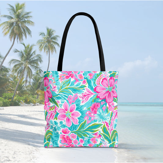 Preppy Pink Tropical Floral Tote Bag, Travel Bag, Vacation