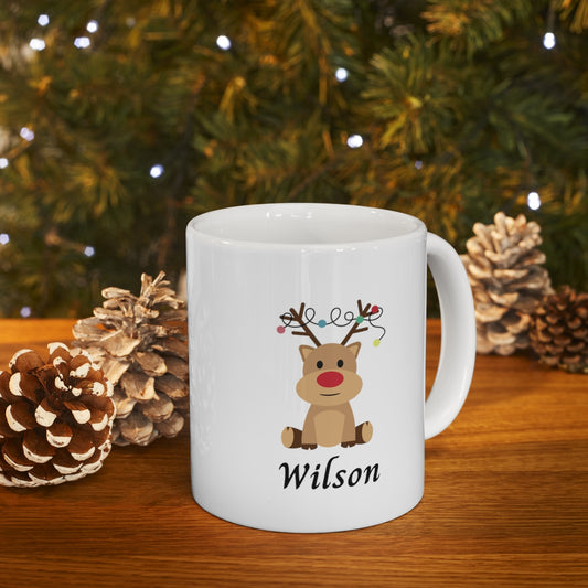 Personalized Ceramic Mug | Christmas Gift | Reindeer | Christmas Lights |  Name on Cup