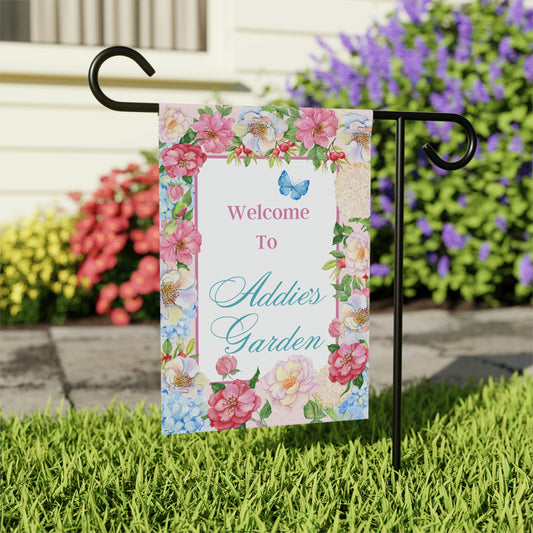 Customized Welcome Garden Flags | Flower Garden Flag | Personalized Name Flag | Flowers and Butterfly
