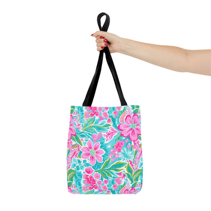 Preppy Pink Tropical Floral Tote Bag, Travel Bag, Vacation