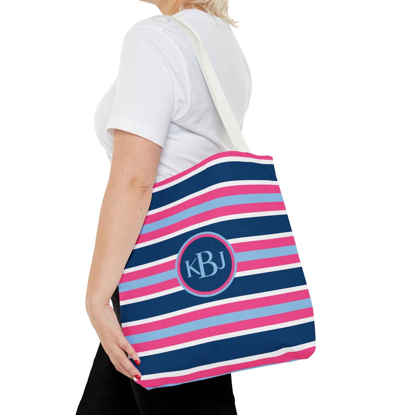 Monogram Tote Bag - Baby Blue, Pink and Navy Stripe