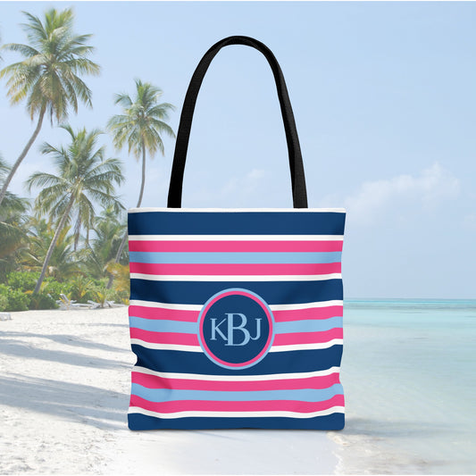Monogram Tote Bag - Baby Blue, Pink and Navy Stripe