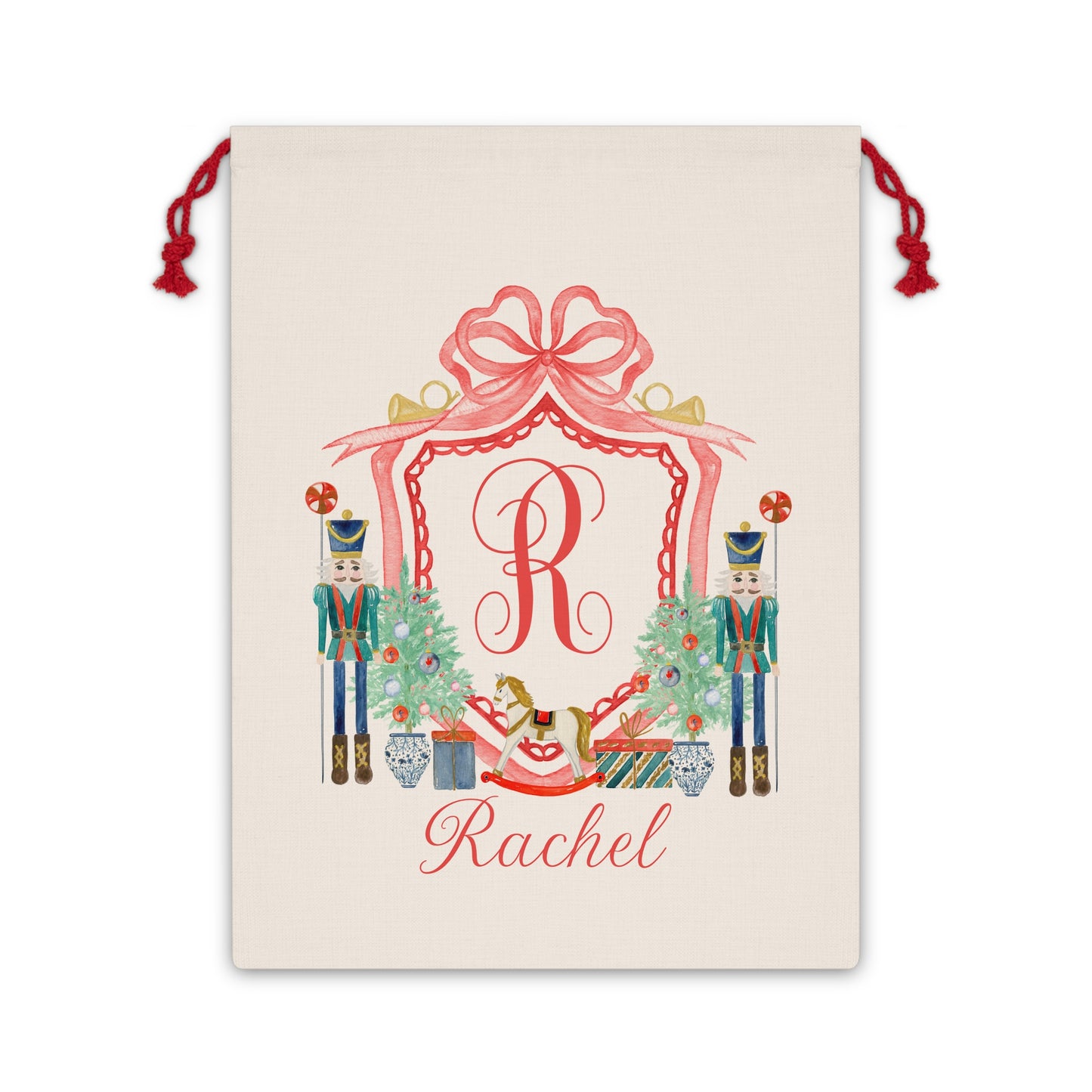 Christmas Gift Bag, Gift for Children, Christmas Bag, Santa Bag, Nutracker, Watercolor Name Crest, Monogram