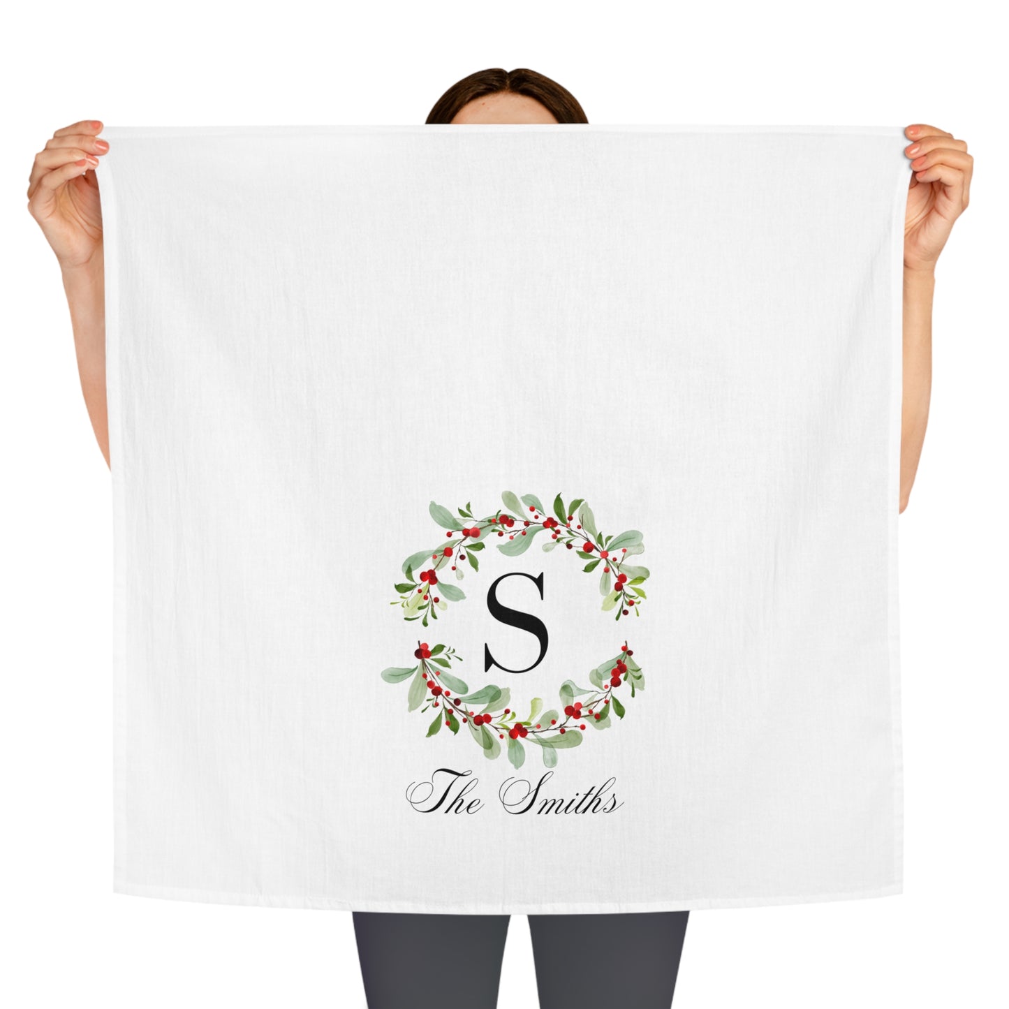 Personalized Christmas Tea Towel, Christmas Gift, Kitchen Decor, Holiday Family Name, Holiday Wreath