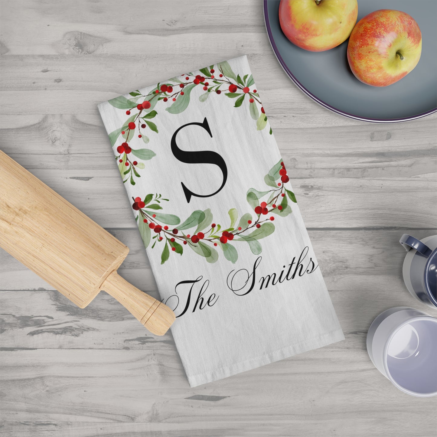 Personalized Christmas Tea Towel, Christmas Gift, Kitchen Decor, Holiday Family Name, Holiday Wreath