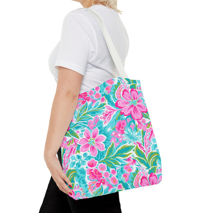 Preppy Pink Tropical Floral Tote Bag, Travel Bag, Vacation