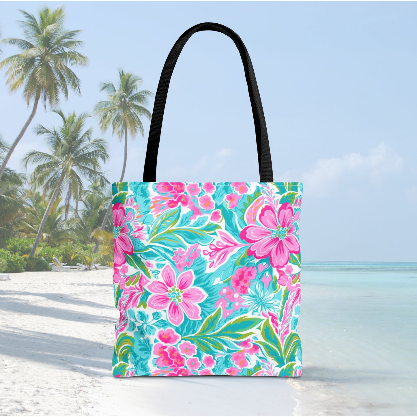 Preppy Pink Tropical Floral Tote Bag, Travel Bag, Vacation