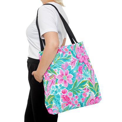 Preppy Pink Tropical Floral Tote Bag, Travel Bag, Vacation