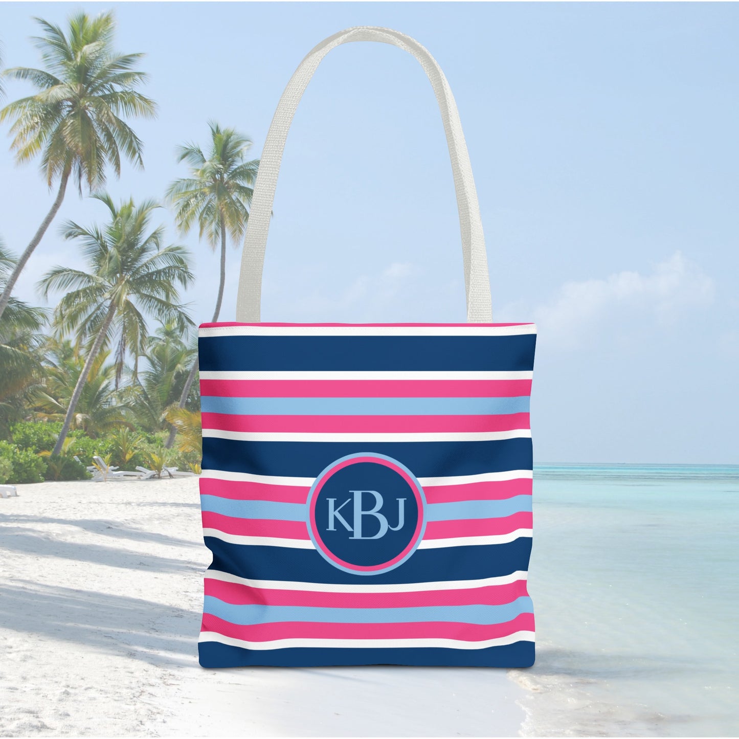 Monogram Tote Bag - Baby Blue, Pink and Navy Stripe