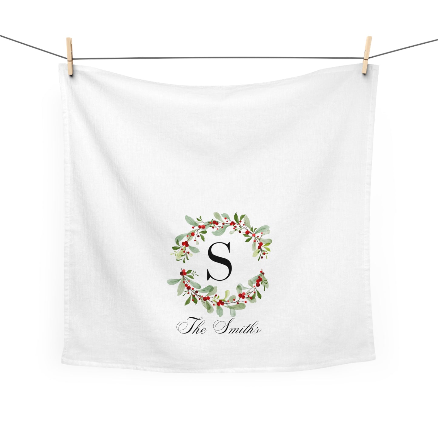 Personalized Christmas Tea Towel, Christmas Gift, Kitchen Decor, Holiday Family Name, Holiday Wreath