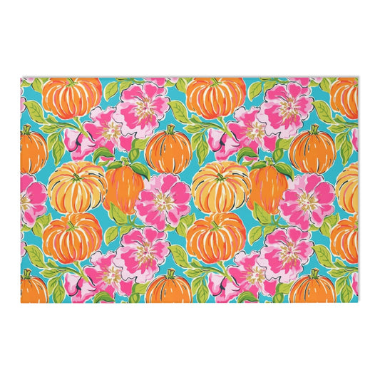 Fall Pumpkin Decor Area Rug, Pumpkin Decor, Preppy Room Decor, Pumpkin Area Rug, Beach Home, Dorm Decor, Teal Background and Hibiscus Flower