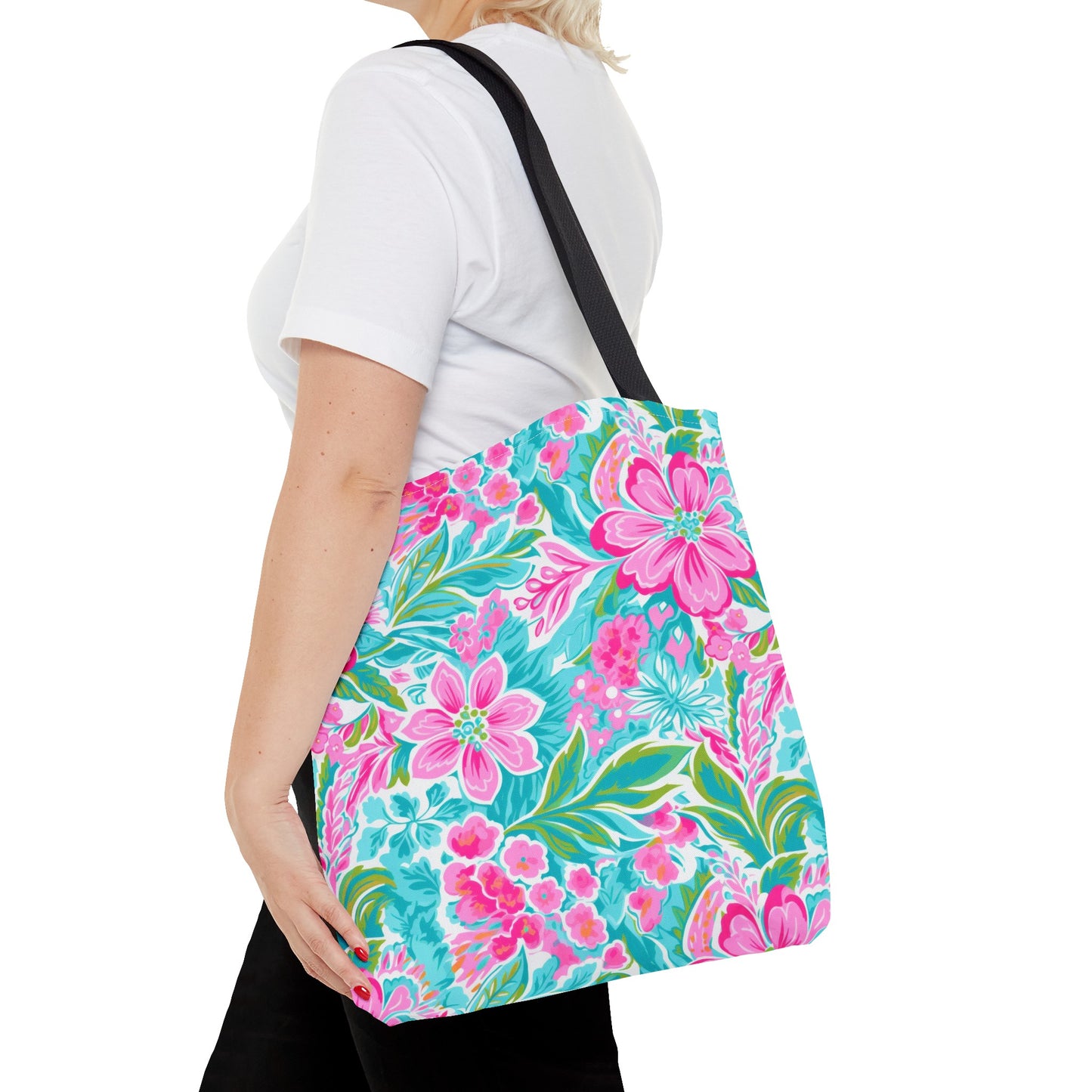 Preppy Pink Tropical Floral Tote Bag, Travel Bag, Vacation