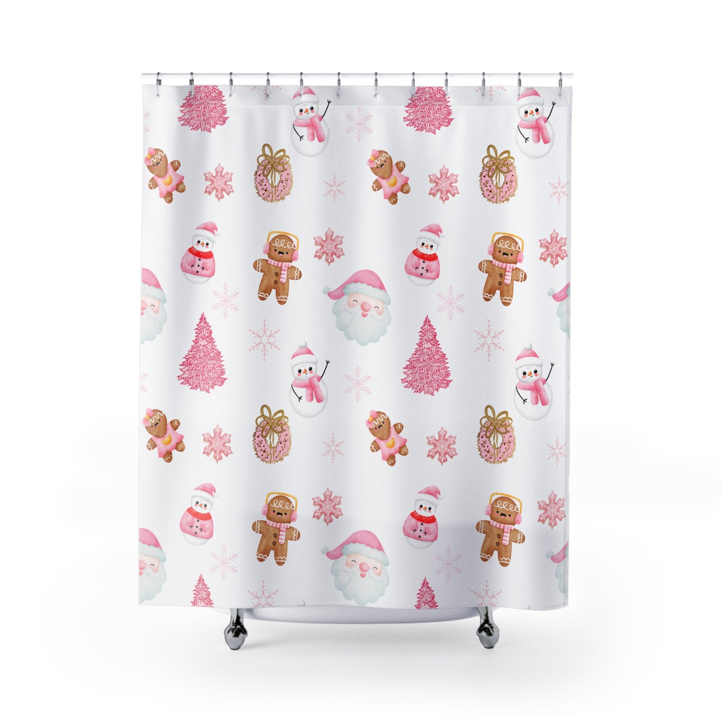 Christmas Pink Shower Curtain, Santa Winter Shower Curtain, Pink Shower Curtain