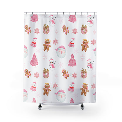 Christmas Pink Shower Curtain, Santa Winter Shower Curtain, Pink Shower Curtain