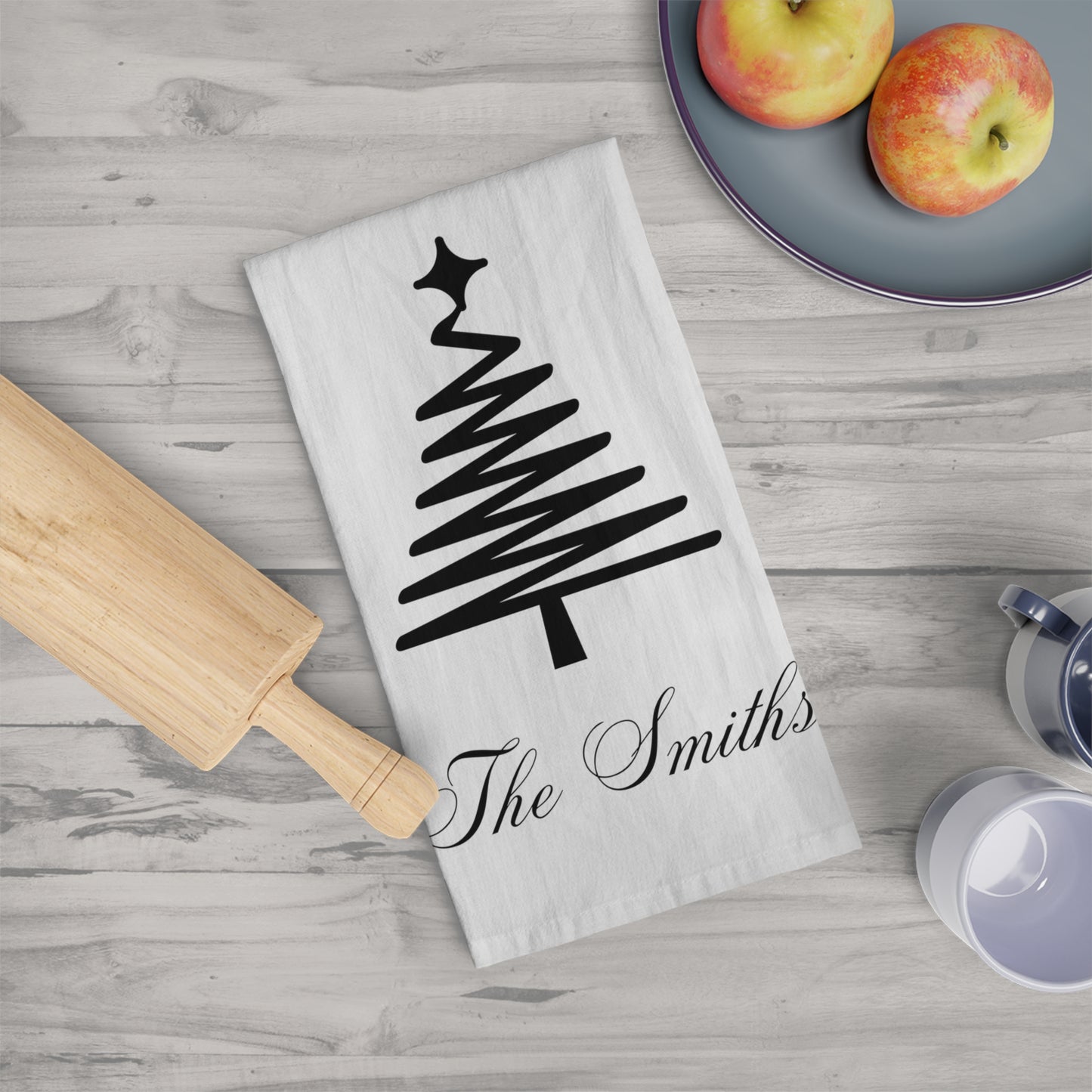 Personalized Christmas Tea Towel, Black and White Home, Christmas Gift, Kitchen Decor, Holiday Family Name, Holiday Wreath