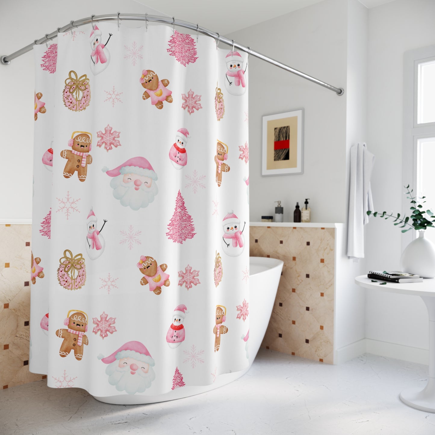 Christmas Pink Shower Curtain, Santa Winter Shower Curtain, Pink Shower Curtain