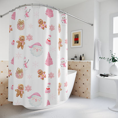 Christmas Pink Shower Curtain, Santa Winter Shower Curtain, Pink Shower Curtain