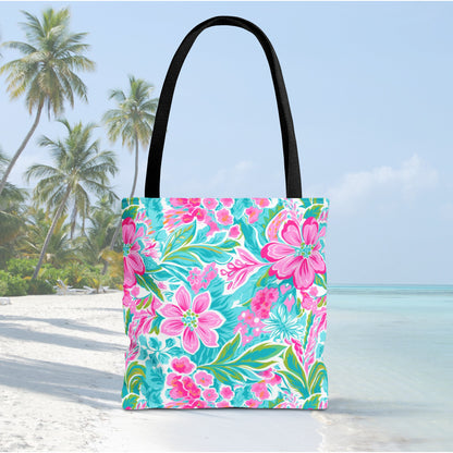 Preppy Pink Tropical Floral Tote Bag, Travel Bag, Vacation