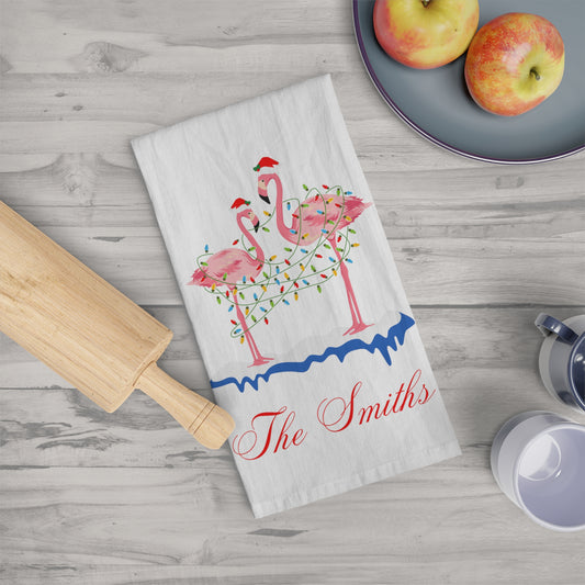 Personalized Christmas Tea Towel, Christmas Gift, Kitchen Decor, Holiday Family Name, Holiday Beach Deco, Flamingos