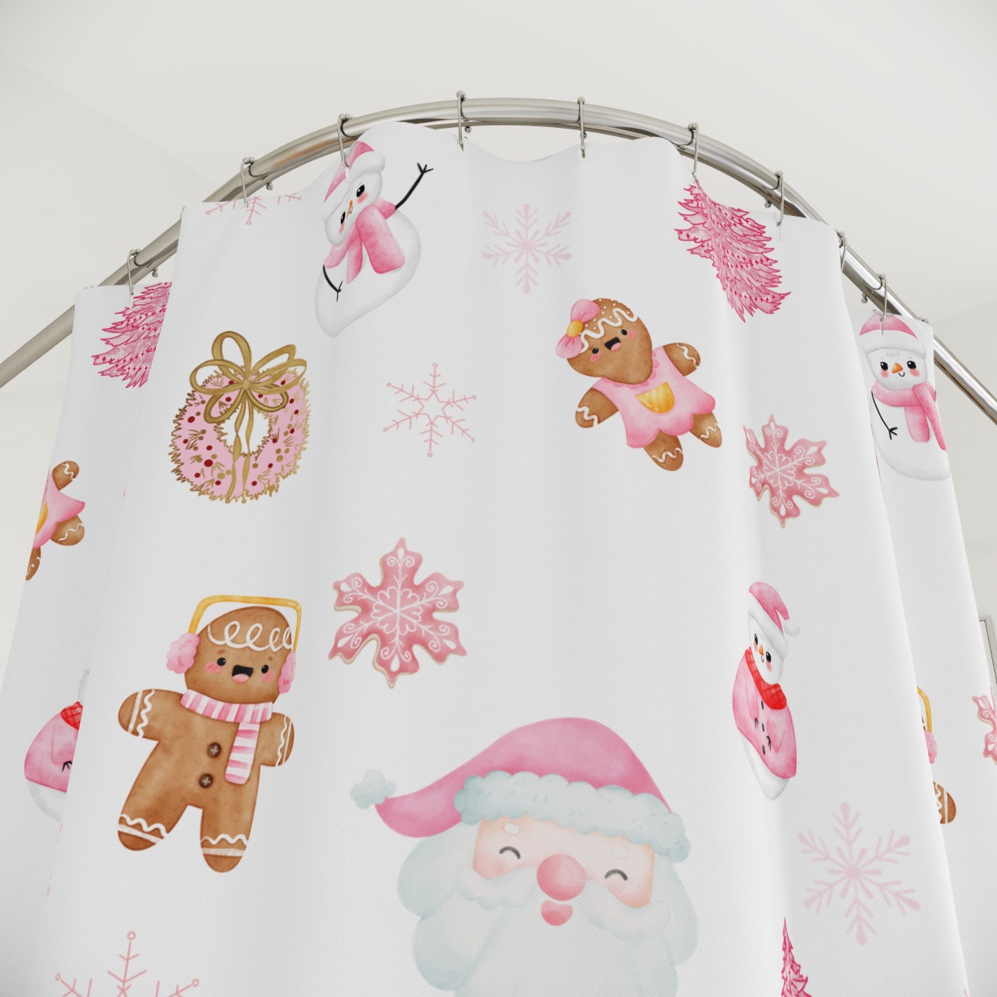 Christmas Pink Shower Curtain, Santa Winter Shower Curtain, Pink Shower Curtain