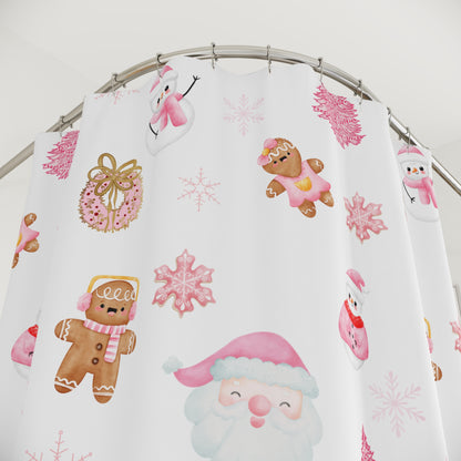 Christmas Pink Shower Curtain, Santa Winter Shower Curtain, Pink Shower Curtain