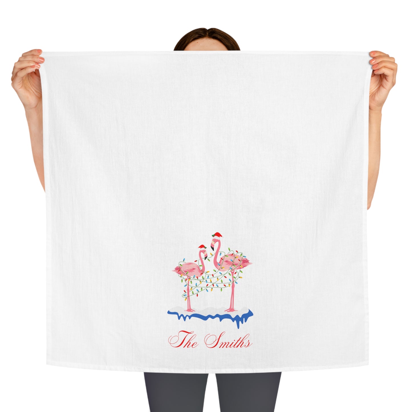 Personalized Christmas Tea Towel, Christmas Gift, Kitchen Decor, Holiday Family Name, Holiday Beach Deco, Flamingos