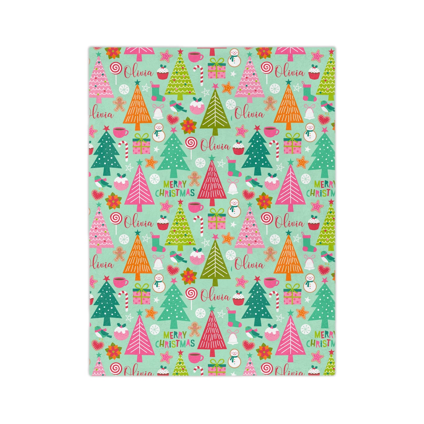 a green christmas card with colorful trees on it