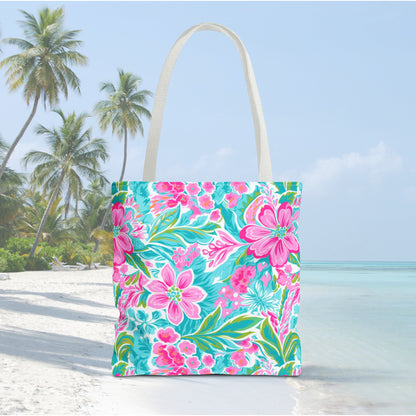 Preppy Pink Tropical Floral Tote Bag, Travel Bag, Vacation