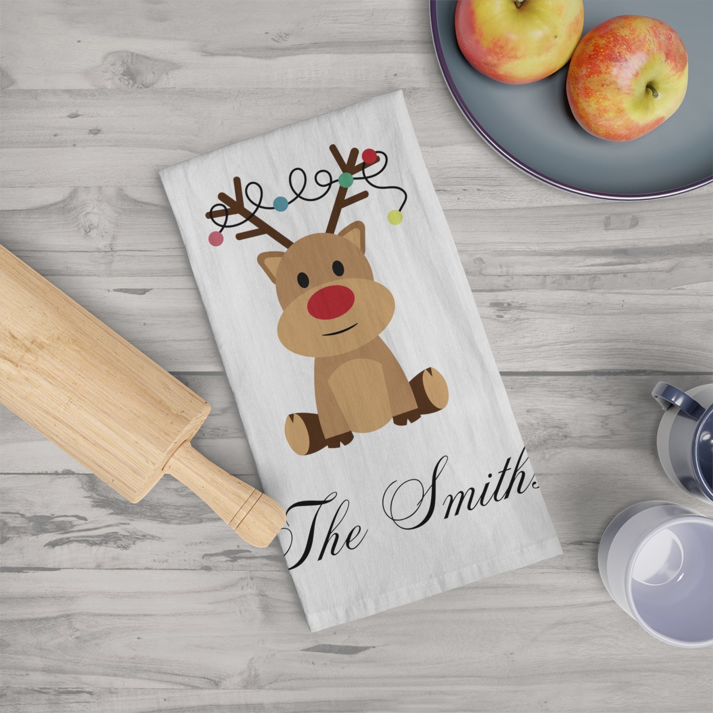 Personalized Christmas Tea Towel, Christmas Gift, Kitchen Decor, Holiday Family Name, Reindeer