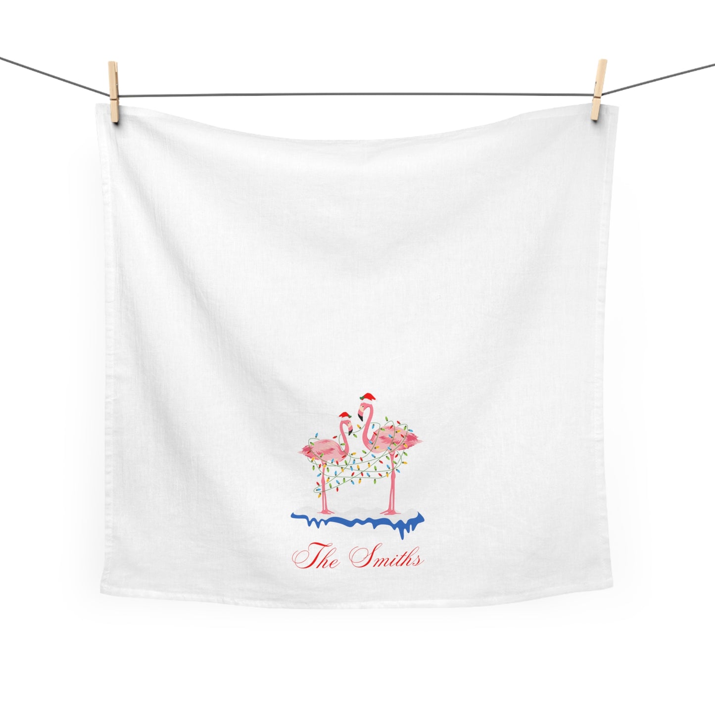 Personalized Christmas Tea Towel, Christmas Gift, Kitchen Decor, Holiday Family Name, Holiday Beach Deco, Flamingos