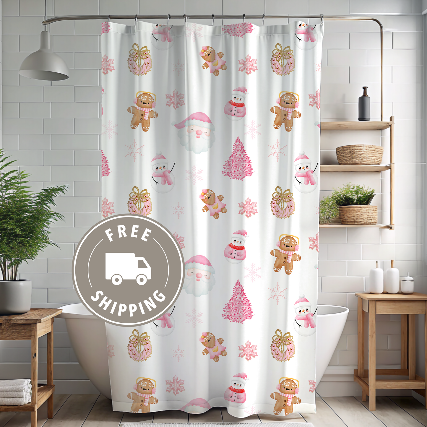 Christmas Pink Shower Curtain, Santa Winter Shower Curtain, Pink Shower Curtain