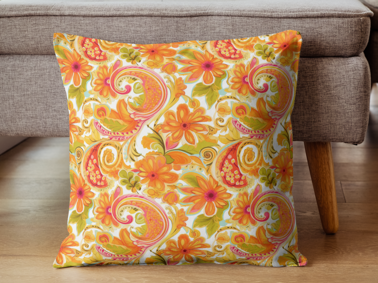 Paisely Throw Pillow, Green and Orange Tones