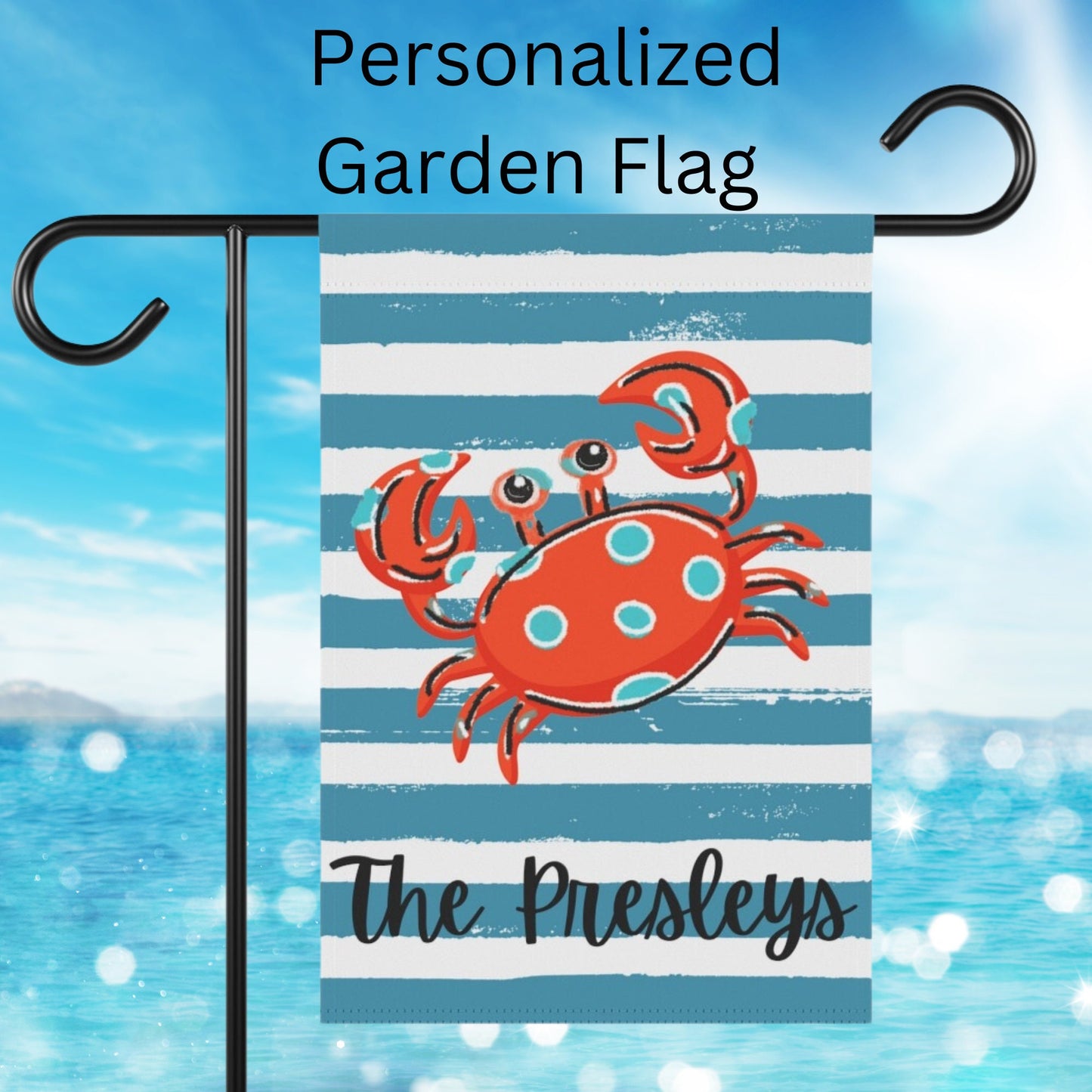 Personalized Garden Flag, Beach Decor, Camper Decor, Red Crab