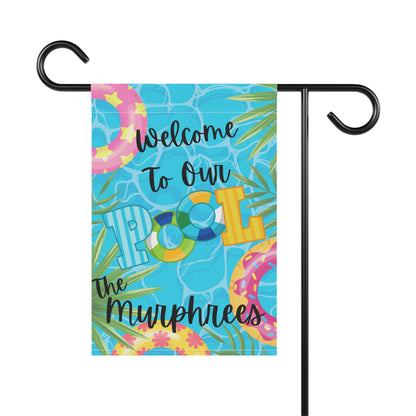 Personalized Garden Flag, Beach Decor, Camper Decor, Welcome To Our Pool Flag, Family Name, Pool Sign