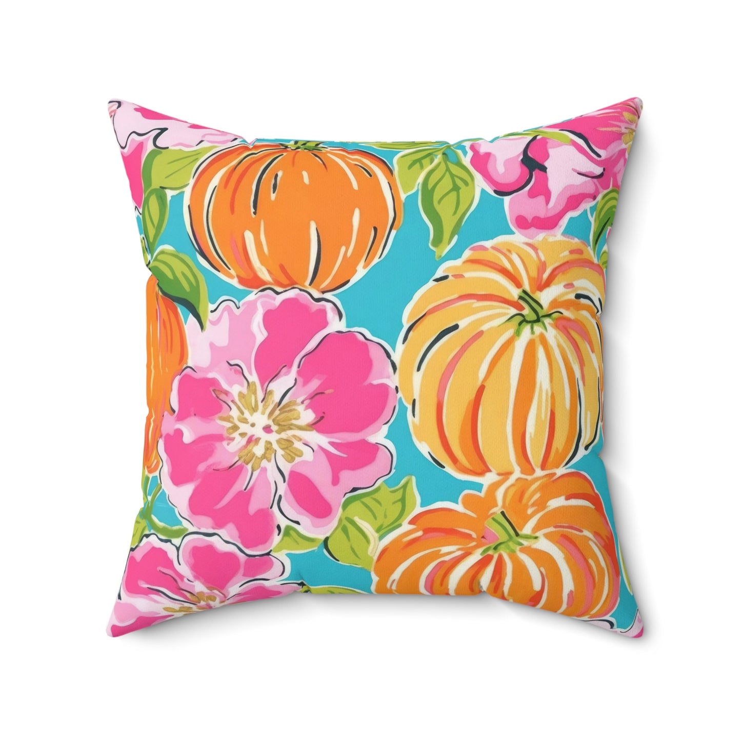 Fall Pumpkin Decor, Pumpkin Decor, Preppy Room Decor, Pumpkin Throw Pillow, Beach Home, Dorm Decor, Teal Background and Hibiscus Flower