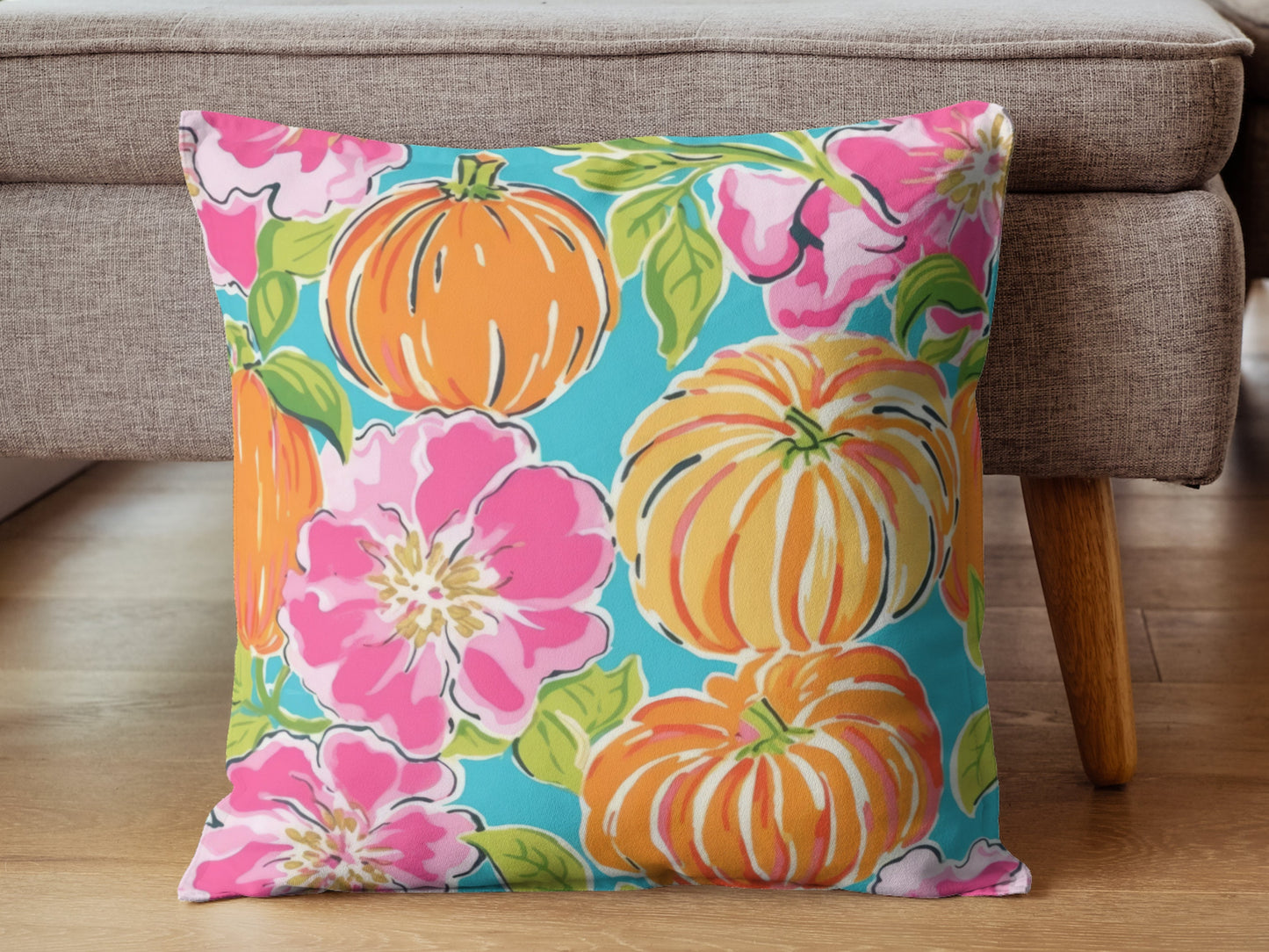 Fall Pumpkin Decor, Pumpkin Decor, Preppy Room Decor, Pumpkin Throw Pillow, Beach Home, Dorm Decor, Teal Background and Hibiscus Flower