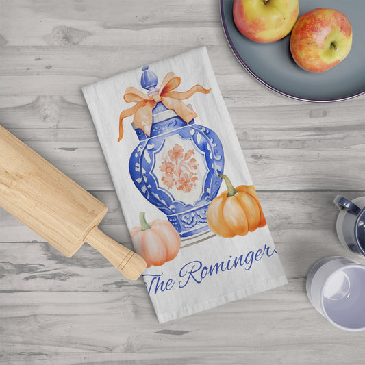 Personalized Tea Towel, Housewarming Gift, Christmas Gift, Hostess Gift, Family Name Towel, Christmas Home Decor,  Chinoiserie Pumpkin