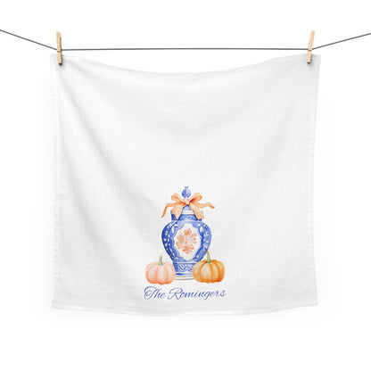 Personalized Tea Towel, Housewarming Gift, Christmas Gift, Hostess Gift, Family Name Towel, Christmas Home Decor,  Chinoiserie Pumpkin