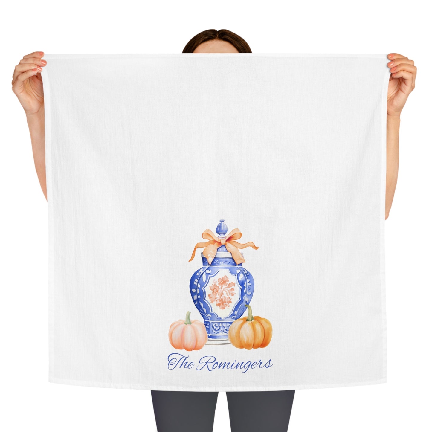 Personalized Tea Towel, Housewarming Gift, Christmas Gift, Hostess Gift, Family Name Towel, Christmas Home Decor,  Chinoiserie Pumpkin