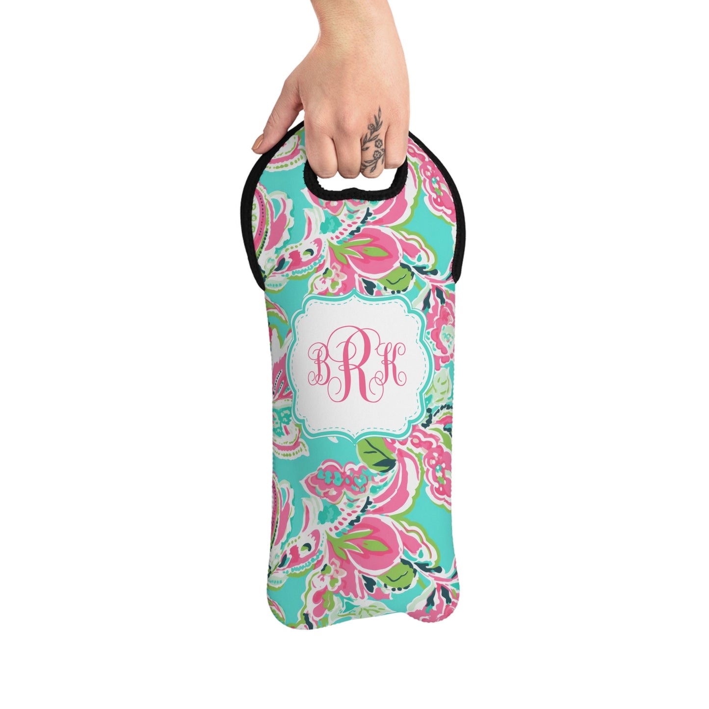 Wine Tote Bag, Hostess Gift, Monogram Wine Tote, Neoprene, Paisley