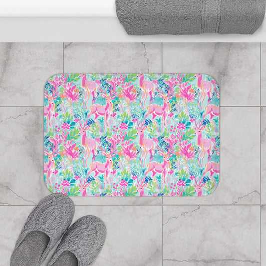 Christmas Bath Mat, Coastal Preppy Bath Rug, Pink Reindeer, Winter Bathroom