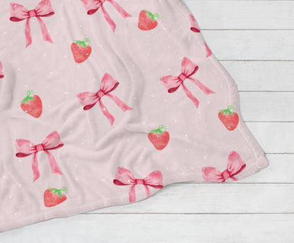 Gift for Her, Coquette Blanket, Girl Nursery Blanket, Dorm Room Blanket, Pink Bows and Strawberries, Velveteen Plush Blanket, Easter Gift