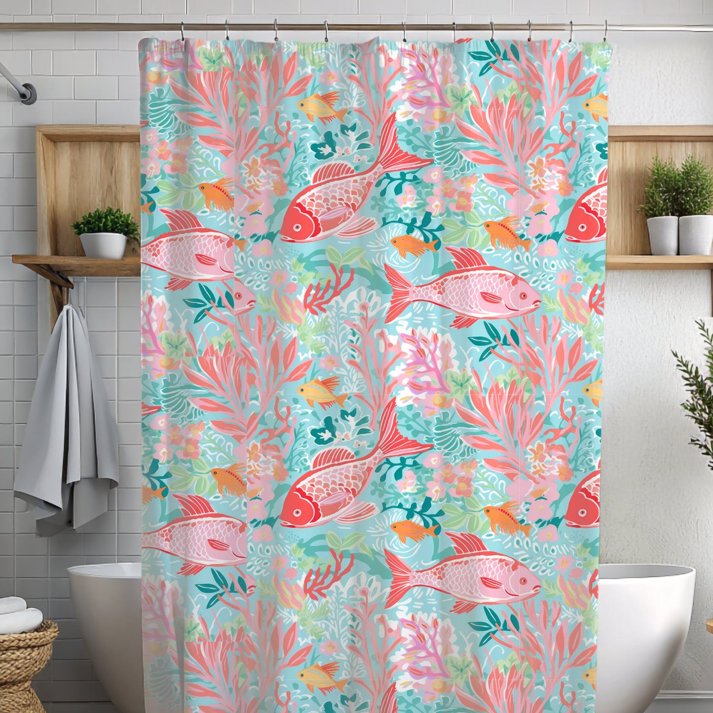 Custom Shower Curtain, Beach Home Shower Curtain, Tropical Fish, Coastal