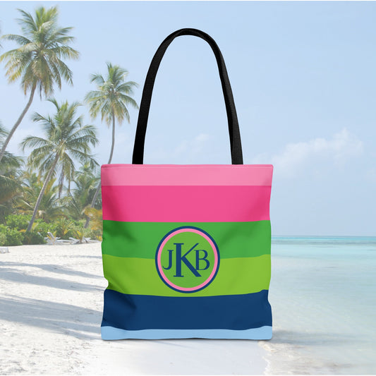 Monogram Tote Bag - Green, Pink and Navy Stripe, Teacher Gift, Bridesmaid Gift