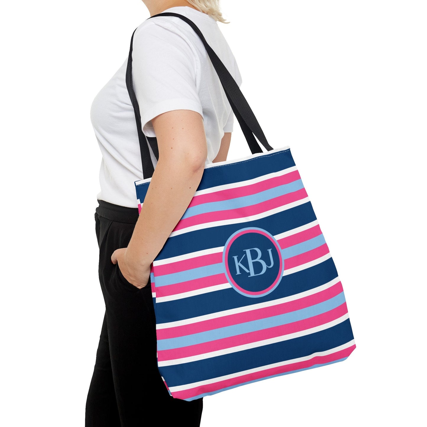 Monogram Tote Bag - Baby Blue, Pink and Navy Stripe