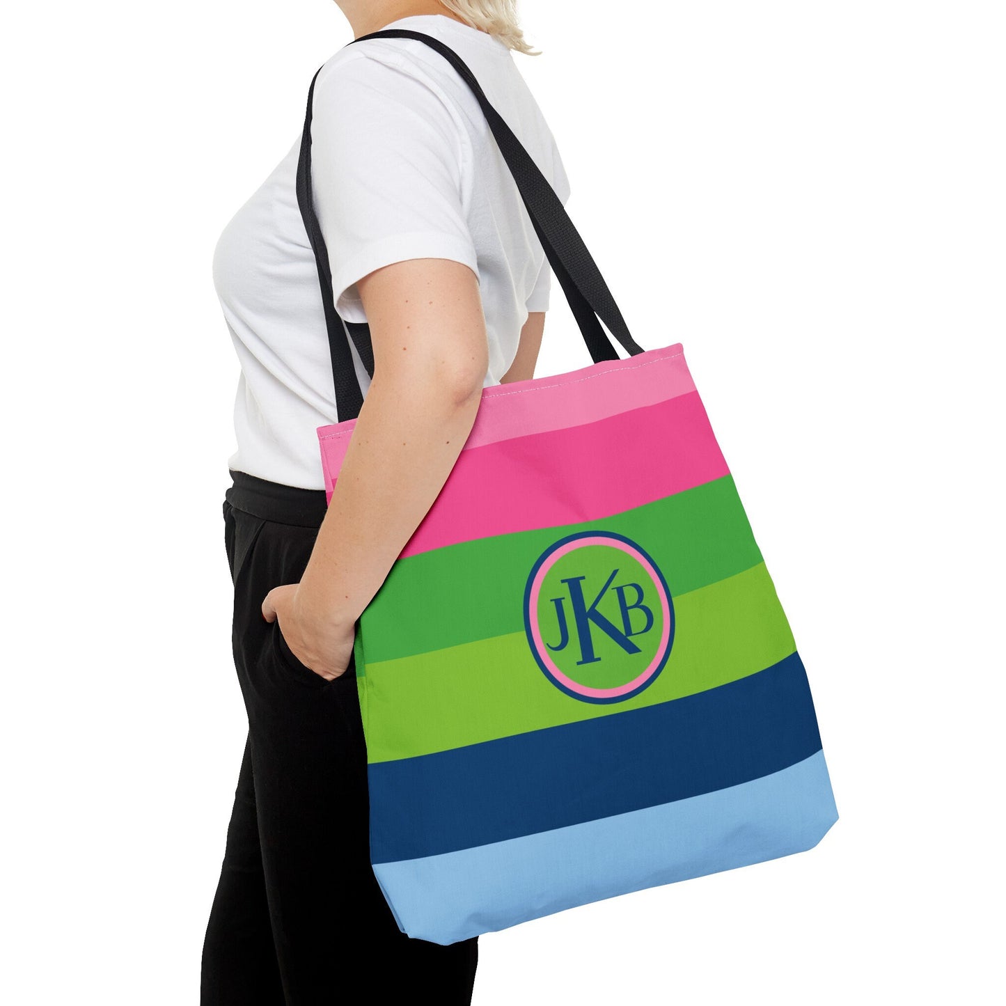 Monogram Tote Bag - Green, Pink and Navy Stripe, Teacher Gift, Bridesmaid Gift