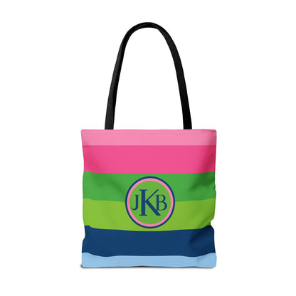 Monogram Tote Bag - Green, Pink and Navy Stripe, Teacher Gift, Bridesmaid Gift