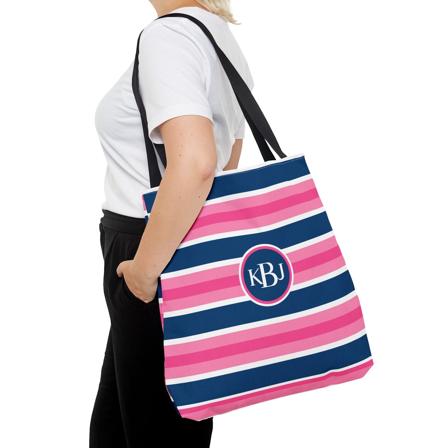 Custom Tote Bag - White, Pink and Navy Stripe