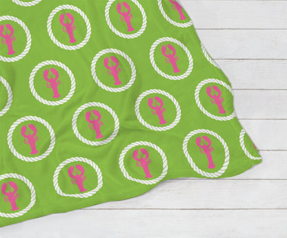 Home Decor Blanket, Gift, Green and Pink Lobsters, Myrtle Beach Style